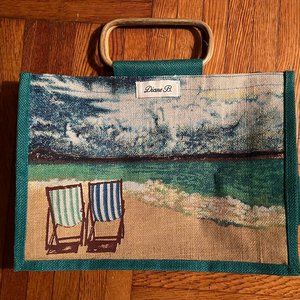 Diane B. blue, burlap Tote/Beach Bag with wooden handles NWOT